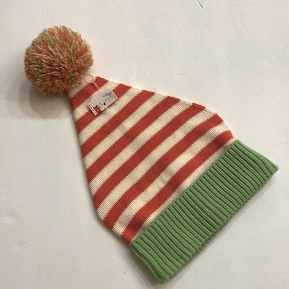 Kids unisex roll down beanie hat stripes w/ Pom Pom orange / cream / green - Picture 1 of 9